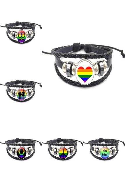 

18mm ginger snap button rainbow sign lgbt charm bracelet for men gay women lesbian leather rope wrap bangle jewelry gift6523228, Golden;silver