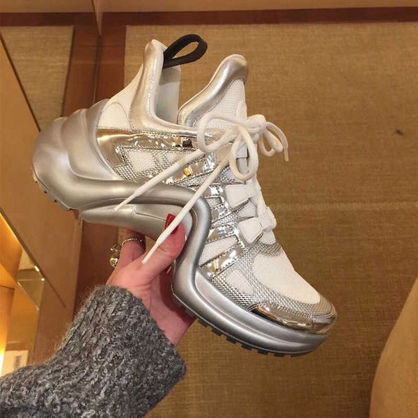 

leather casual lace-up mesh sneakers thick-soled muffin running shoes 2023 summer new ladies men stitching versatile shoes