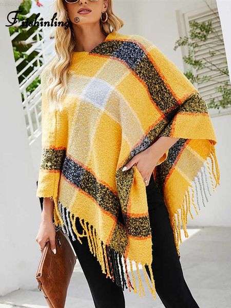 

women's sweaters fitshinling plaid women poncho new fashion oversized sweater knitwear 2022 winter cape femme fringe loose shl knitted, White;black