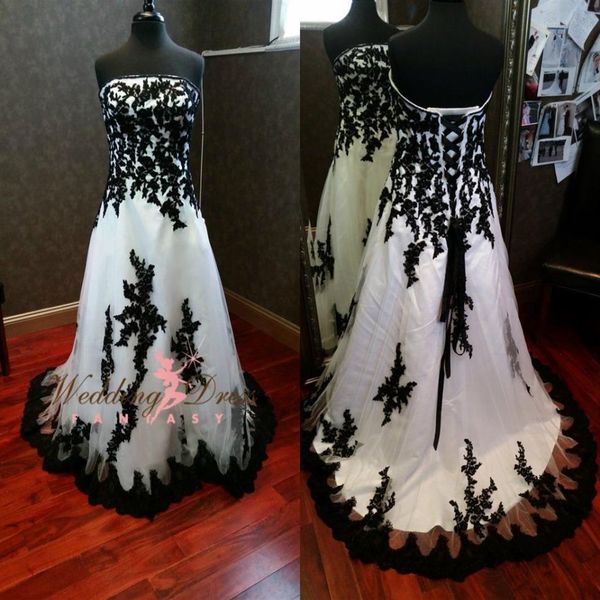 

gorgeous gothic black and white wedding dresses 2020 strapless lace appliques corset custom made plus size wedding dress bridal go278h