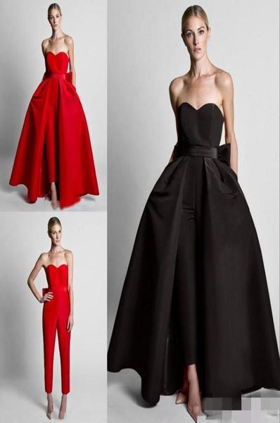 

fashion red detachable train evening prom dresses jumpsuits bows sweetheart simple satin pants suits whole zuhair murad6041242, Black;red