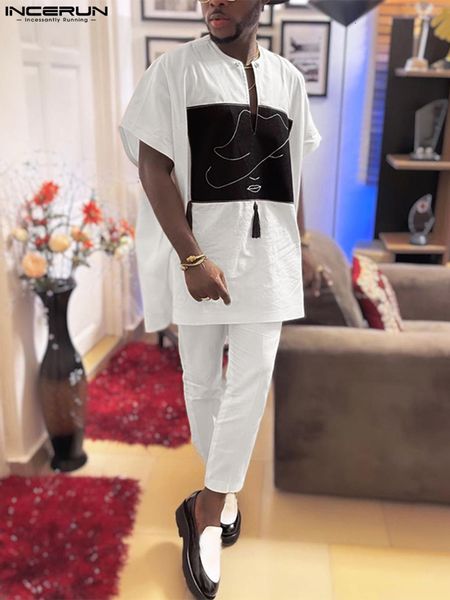 

men s tracksuits incerun 2023 men sets printing tassel muslim clothing v neck short sleeve t shirt pants 2pcs streetwear casual suits s 5xl, Gray