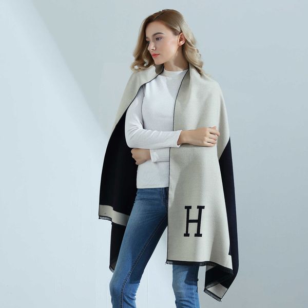 

autumn and winter new style jacquard double-sided h letter imitation cashmere scarf for women's advanced feeling thickened warm ins sha, Blue;gray