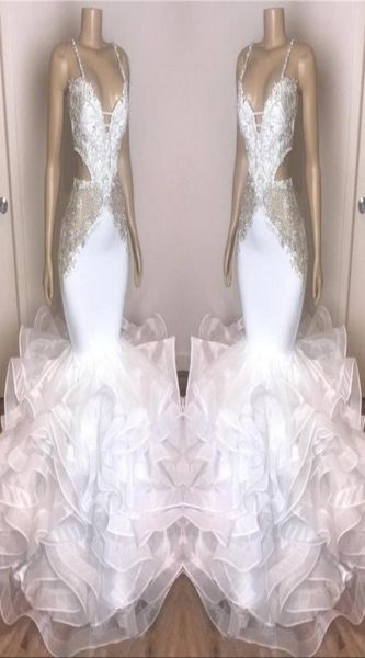 

spaghetti straps mermaid prom dresses 2020 lace applique tiered ruffles beaded formal evening party gowns black girls6646246