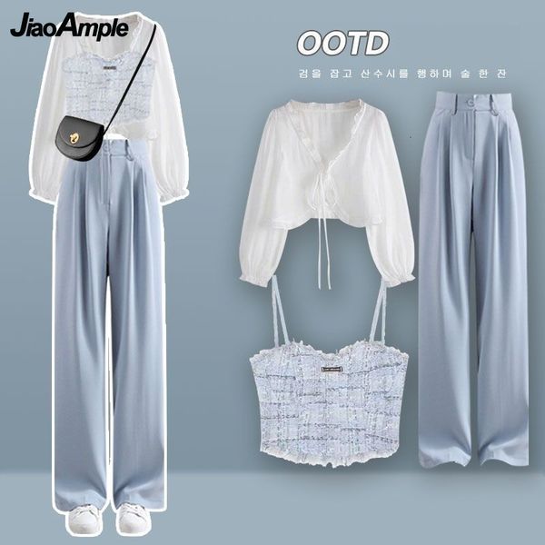 

women's two piece pants summer suit 2023 long sleeved sunscreen shirt strap wide leg three korean elegant casual matching sets 230718, White
