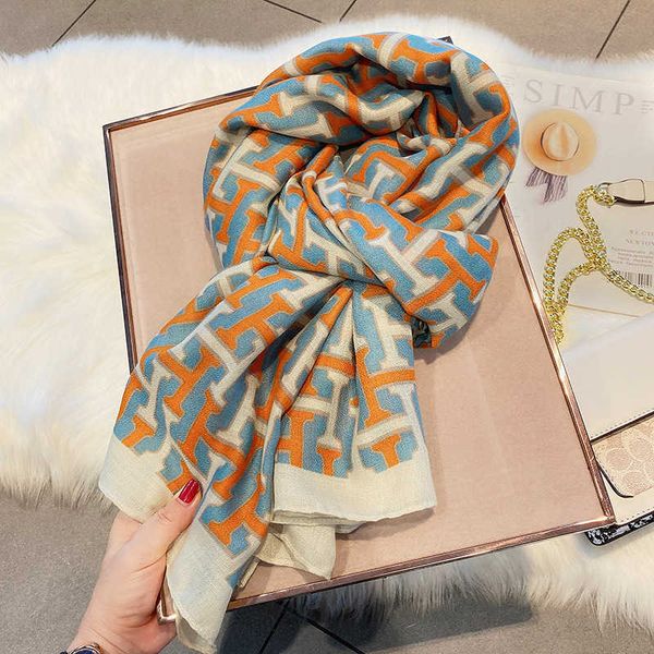 

fashionable letter color contrast cotton linen new style for women in autumn winter with warm silk scarf and shawl, Blue;gray