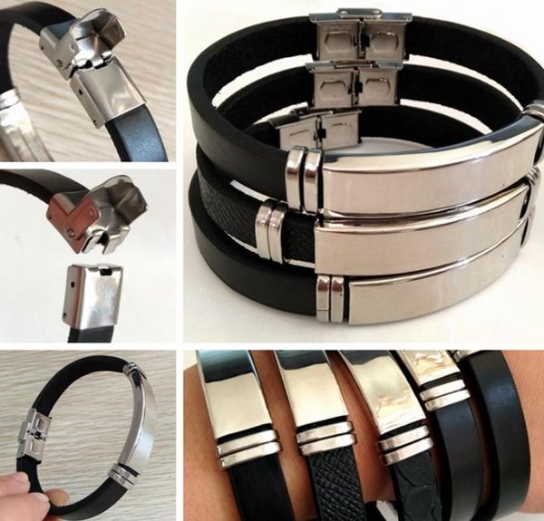 

new 12pcslot black leather with stainless steel bracelet mens classic sport wristbands man boy bangle great gift par8591454