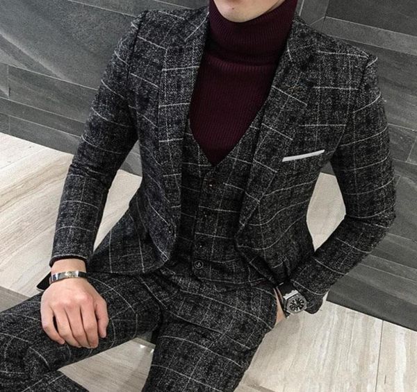 

winter fashion black plaid groom tuxedos notch lapel one button men wedding tuxedos men dinner party suitjacketpantstievest 14003962, Black;gray