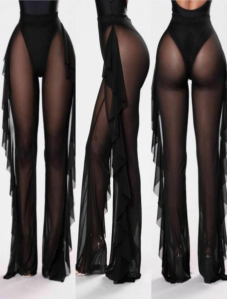 

ruffle women beach mesh legging pants sheer wide leg transparent see through sea holiday cover up bikini trouser45619629488873, Black