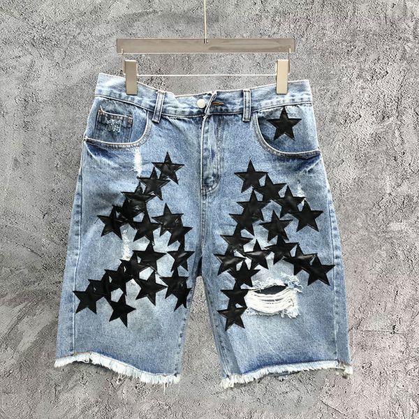 

men's jeans star pattern patch street motorcycle denim shorts punk hip hop pantalon homme trendy 230718, Blue