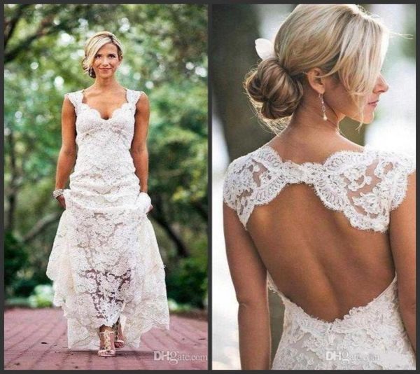 

2018 new chic rustic full lace wedding dresses v neck open back sweep train boho garden bridal gown custom made country styl6756996, White