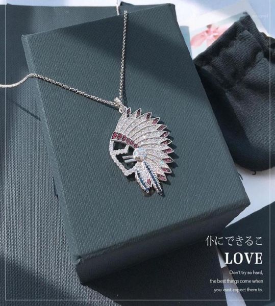 

pendant necklaces trendy brand design chief head feather necklace cubic zirconia stones adjustable chain women fine may jewelry12515098, Silver