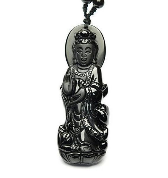 

fine jewelry hand carved natural genuine obsidian kwanyin goddess bodhisattva buddha pendant necklace 7584791, Silver