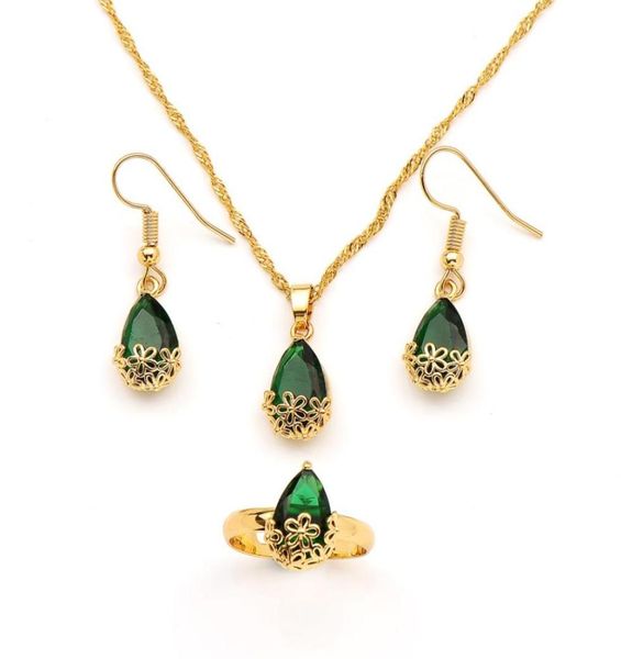 

18k solid gold filled pendant necklace earrings ring water drop green crystal jewellery set cz big rec gem with channel78965222310589, Silver