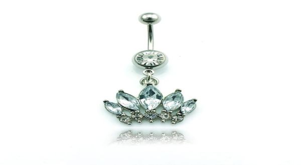 

body piercing fashion belly button rings stainless steel barbell dangle white plastic crystal crown navel rings jewelry9588375, Silver