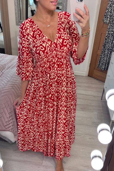 

basic casual dresses bohemian casual print v-neck elasticated waist wrap long dress summer vintage mosaic print maxi dress loose frill sleev, Black;gray