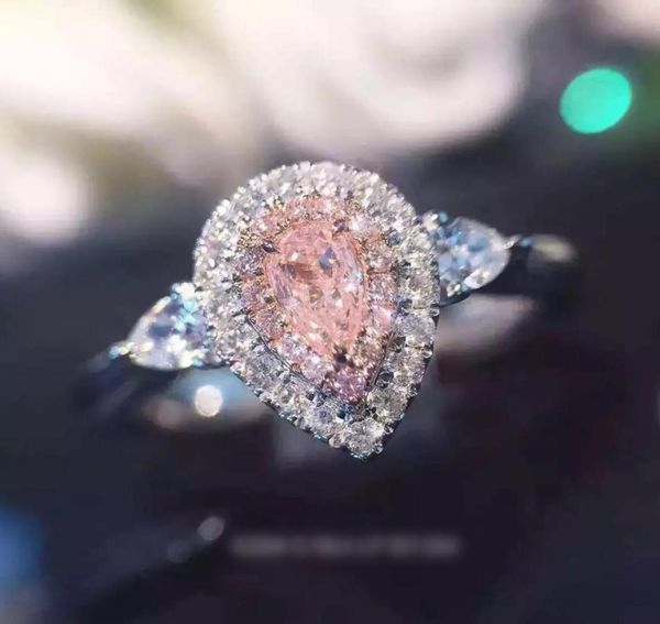 

vecalon 2 colors women ring two circle pear cut 1ct 5a zircon pink cz 925 silver birthstone jewelry wedding band ring for women3617716, Slivery;golden