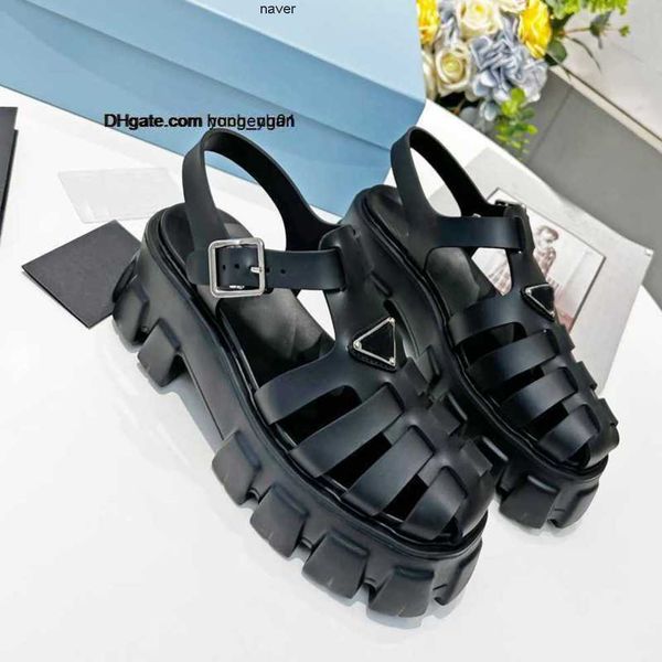 

shoe buckle fashion pradly sandals metal belt thick woman trainers leisure bottom leather beach casual designer sports letter platform lady, Black