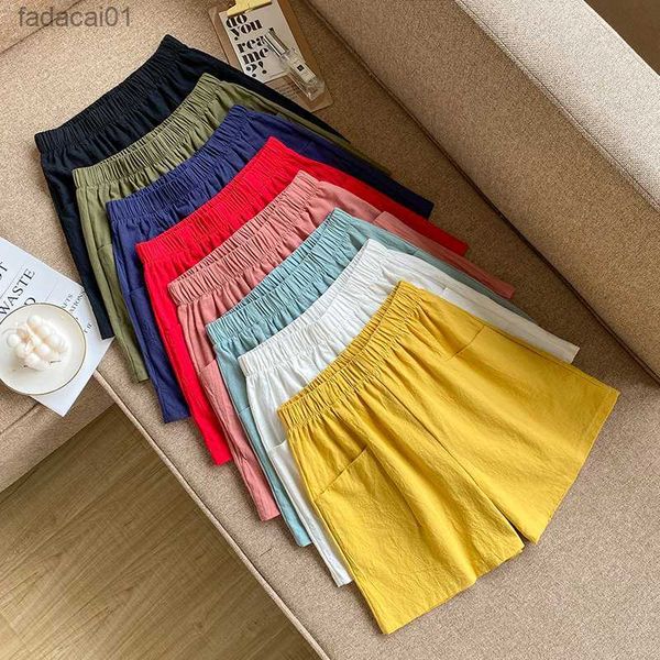 

cotton linen shorts korean women's shorts casual elastic high waist short pants solid loose plus size widelegged trousers s3xl l230621, White;black