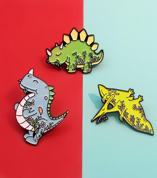 

cute flower cartoon dinosaur brooch pins 3pcsset alloy animal brooches for girls gift jewelry pterosaur tricera eat plant bad4446562, Gray