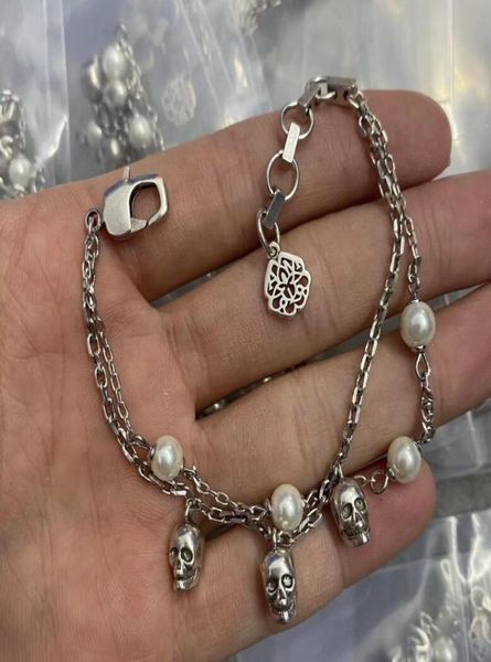 

double layer chain pearl skull pendant bracelets gold silver skull skeleton ladies luxurious eternal love bangle for women meb1k073372028, Golden;silver