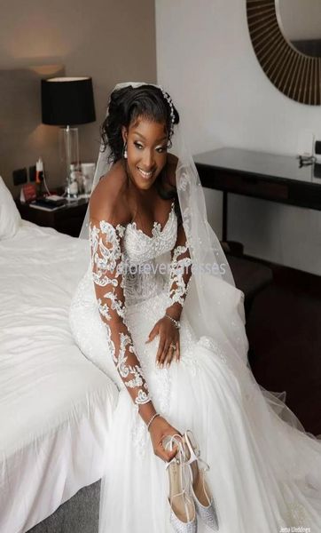 

luxury mermaid 2022 wedding dress plus size lace appliqued beach boho wedding gowns beaded vestido de noiva cc4955388, White