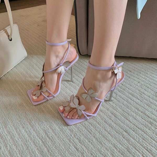 

2022 new cross band butterfly stiletto heels 11cm wedding fairies square-headed open-toed women's sandals size 42, Black