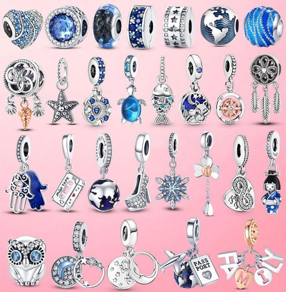 

2021 925 sterling silver moon star charms hamsa hand travel plane charm shiny cz bead fit bracelet jewelry gift6190548, Black