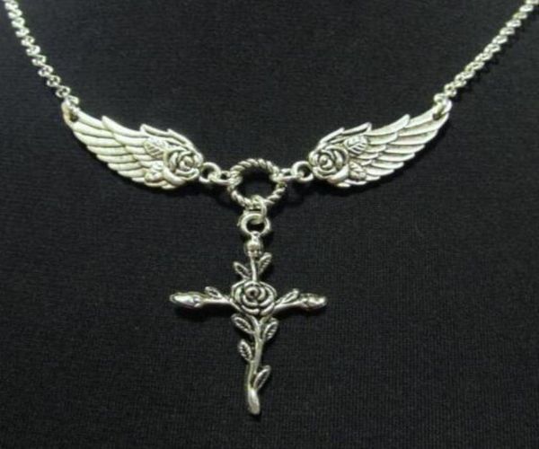 

vintage silver rose angel wings cross necklace pendants charms collar statement choker necklaces women jewelry diy gifts gorgeous 7228862