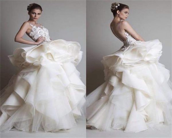 

designer aline wedding dresses sheer neck 3d floral appliqued tiered ruffles bridal gowns sweep train bridal gown custom made plu7662100, White