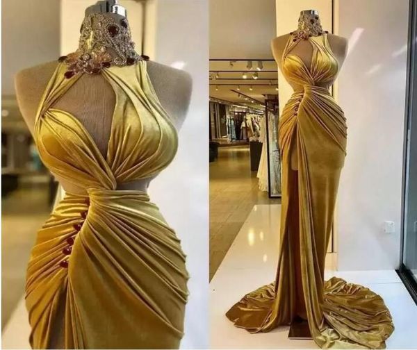 

gold velvet prom dresses ruched long sweep train mermaid evening party gowns side slit high neck crystals beading arabic robe de s8613205, Black;red