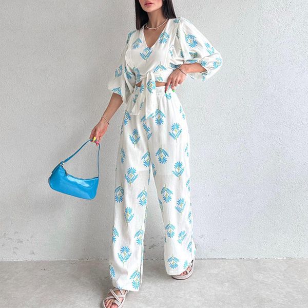 

sell women's two piece pants v-neck style print puffed sleeve trousers for ladies, White