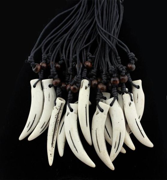 

12 pcs tribal style imitation yak bone carving fake wolf tooth amulet pendant wood beads necklace whole mn1097658067, Silver
