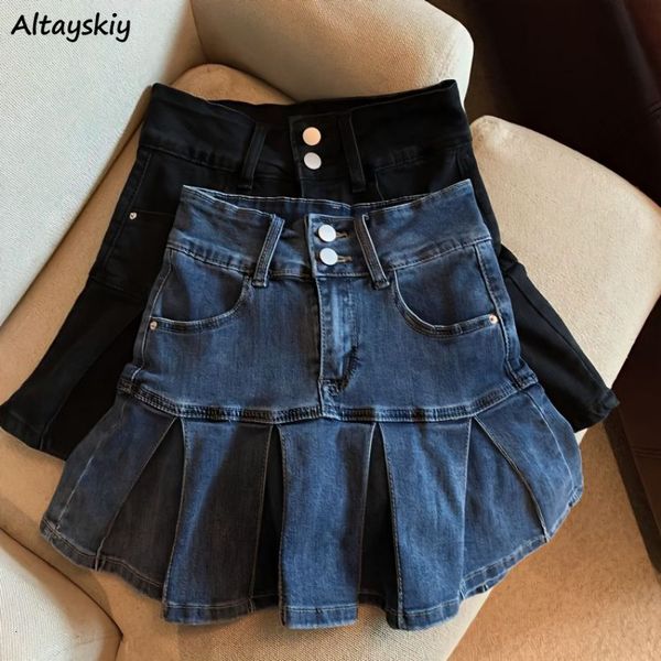 

skirts summer women party denim vintage pleated chic cozy slim pure schoolgirls clothing high waist lovely mini faldas ulzzang 230718, Black