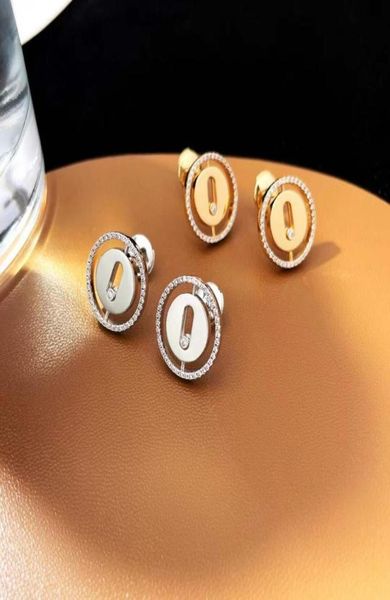 

2023 new luxury s925 sterling silver jewelry lucky move stud earring round coin design trendy slide moving cz cubic zircon stone e6771882, Golden
