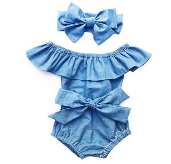 

kids designer clothes girls ruffle collar romper infant toddler bow denim jumpsuits 2019 summer boutique baby climbing clothing c64165840, Blue