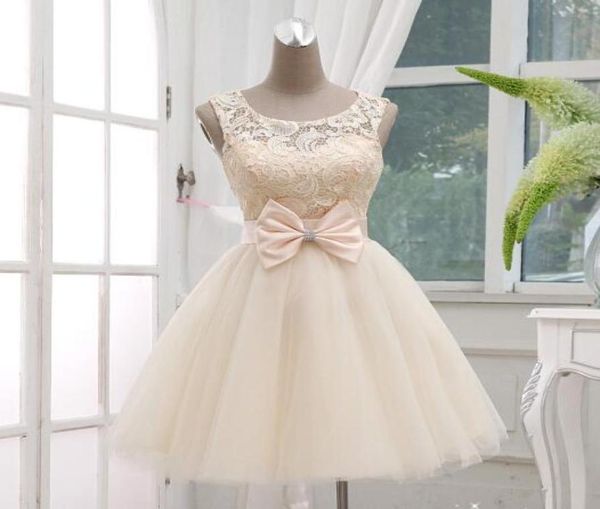 

light champagne new arrival short wedding dresses bridesmaid dresses knee length tulle wedding gown laceup with bow custom1834450, White;pink