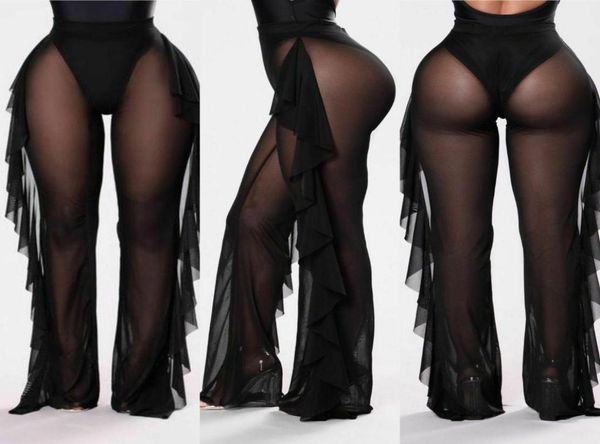 

ruffle women beach mesh legging pants sheer wide leg transparent see through sea holiday cover up bikini trouser45619621794474, Black