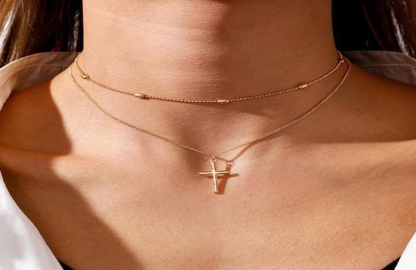 

pendant necklaces romantic cross pendants necklace for women gold silver color multilayered oval beads chain minimalism female jew1188105