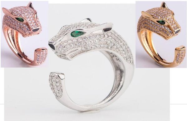 

fashion lady brass full diamond green eyes zircon leopard head 18k gold wedding engagement open rings 3 color6519135, Golden;silver
