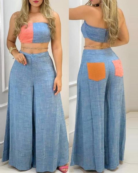 

women's two piece pants two piece sets womens outifits summer fashion colorblock bandeau sleeveless shirring crop casual wide leg long, White