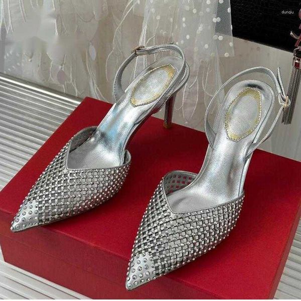 

sandals pointed toe bling rhinestone cut out women summer autumn sandal shoes real leather exquisite party wedding single shoe, Black