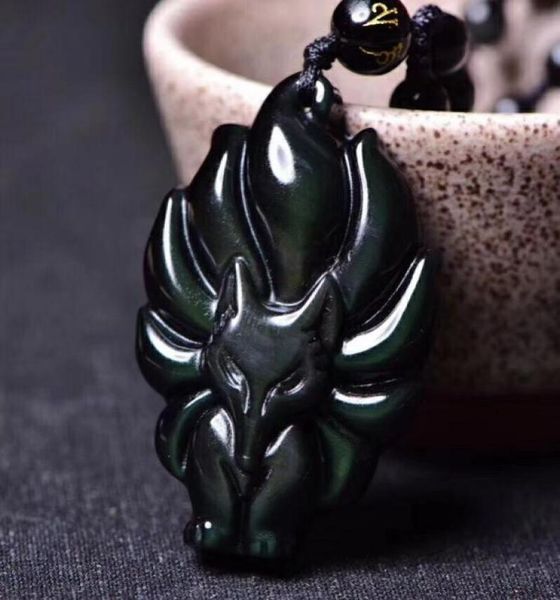 

natural rainbow eye obsidian ninetailed fox pendant female male vintage crystal jewelry9451166, Silver