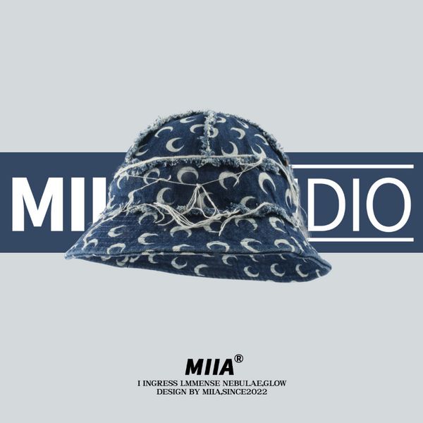 

wide brim hats bucket hats japanese denim bucket hat niche designer moon print fisherman's cap fashion street style retro basin hats fo, Blue;gray