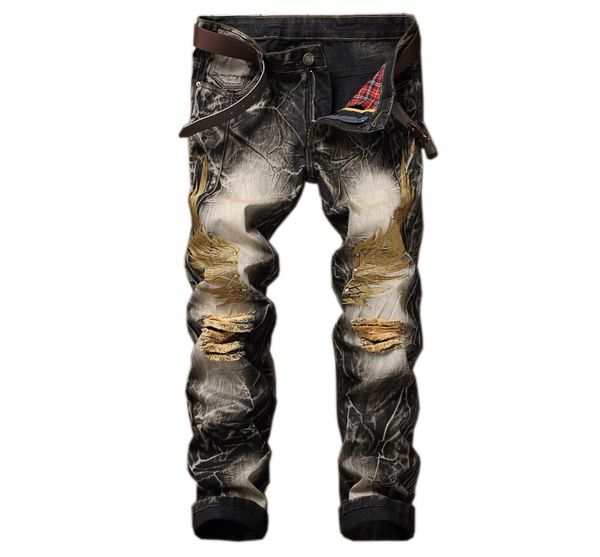 

whole 2017 slim fit straight plus men jeans slim fit eagle wing embroidered biker denim pants male rap casual hole ripped pun9308311, Blue