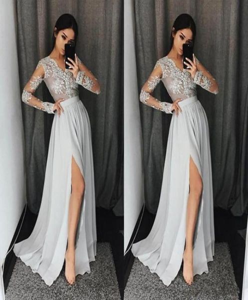 

2018 sliver prom dresses v neck long sleeves lace appliques side split evening gowns arabic prom party dress5185717, Black;red
