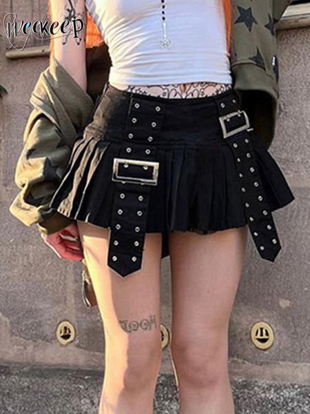 

skirts weekeep gothic a-line pleated skirt streetwear y2k low rise stitched ribbon loose black skirts for women punk style outfits chic 2307