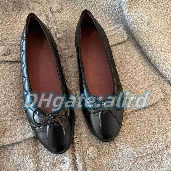 

channel ballet shoe women ballerinas flat leather dress shoes lambskin round toe soft sole bow tie casual lady loafer shinny bling black cci