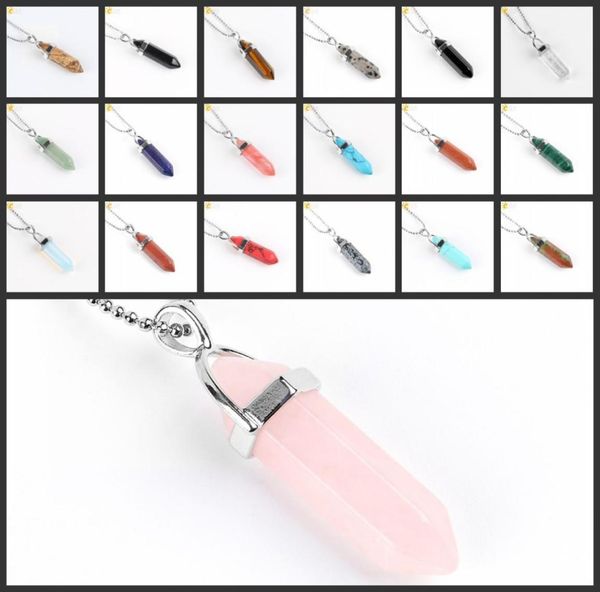 

csja fashion hexagonal prism necklaces gemstone rock natural crystal quartz healing point chakra stone long charms necklace jewelr1860148, Silver