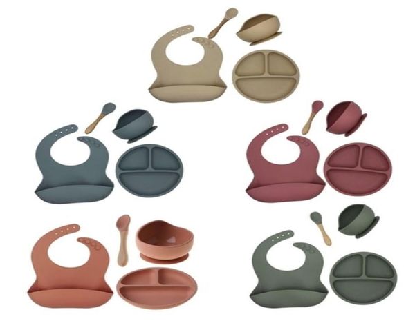 

4pcsset baby silicone tableware waterproof bib dinner plate sucker bowl spoon 2109035235368
